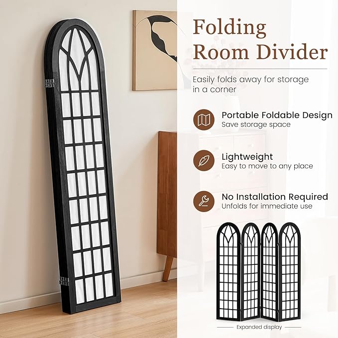 4 Panel Japanese Room Divider, Fully Assembled Wooden Privacy Screen, Shoji Style Partition Divider for Home Office Bedroom Apartment Decoration, Black