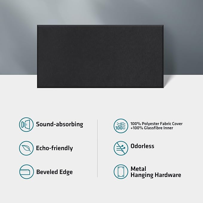 2” Thick Acoustic Panels with Hanging Hardware, 2 PCS 47.2” x 23.6” Fiberglass Sound Absorbing Panels for Home Theater Church Office Wall, Black