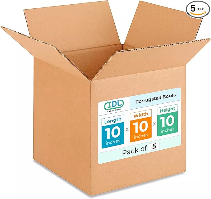 IDL Packaging Cube Corrugated Shipping Boxes 10"L x 10”W x 10"H (Pack of 5) - Excellent Choice of Sturdy Packing Boxes for USPS, UPS, FedEx Shipping,B-101010-5