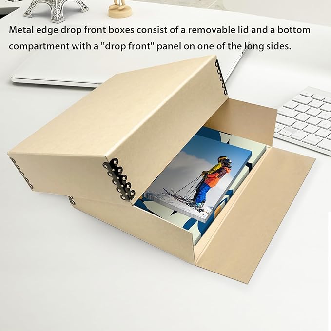 Lineco Museum Archival Storage Box, 9.75x12.75x3 in. Drop Front Design. Acid-Free with Metal Edge. Organize Photos, Pictures, Prints, Documents, Crafts, DIY. Tan, 1 Pack