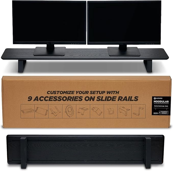ULTRARM Moodular Wooden Monitor Stand 45.6” (116cm) Large Desk Organizer with Metal Slide Rails for Drawer, Tray, Laptop, Tablet, Phone & Headphones Customizable Riser for Organized Workspace Black