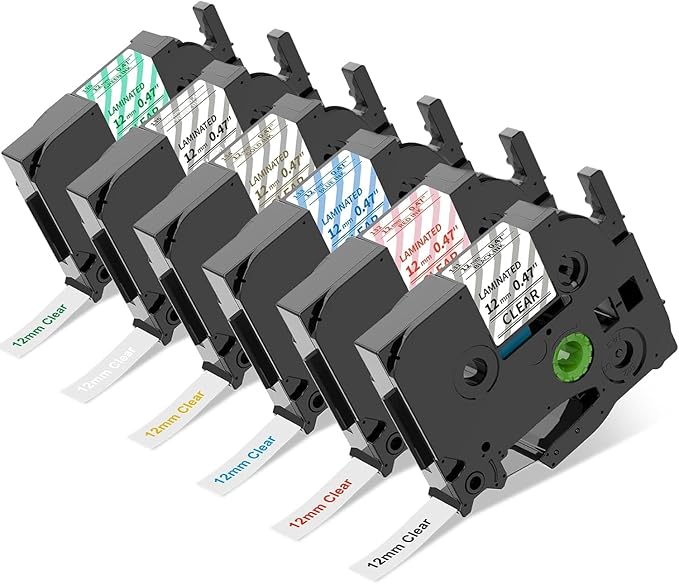 COLORTY Replacement for Brother P-Touch Label Maker Tape TZe 12mm 0.47 Clear Ribbon Laminated TZ Color on Transparent Refills for Ptouch PT-D210 D220 H110 1000 1280 D400 Cube, 1/2" x 26.2', 6 Pack