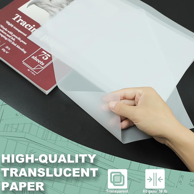 Tracing Paper 8.5x11 inch, 100 Sheets Transparent Vellum Paper for Tracing Pads, 38lb/60gsm Translucent Tracing Paper for Pencil, Marker and Ink，Trace Images, Sketch, Preliminary Drawing, Overlays.