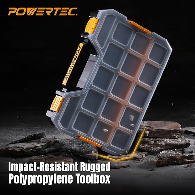 POWERTEC Stackable Tool Box Organizer with Removable Dividers - 17 Compartments, Interlocking, Portable Design (72118)