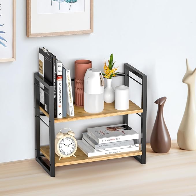 ART-GIFTREE Office Desk Shelf Organizer, Wood Desktop Bookshelf Supplies Storage Rack, Shelf for Top of Desk and Dresser (Black-2 Tier)