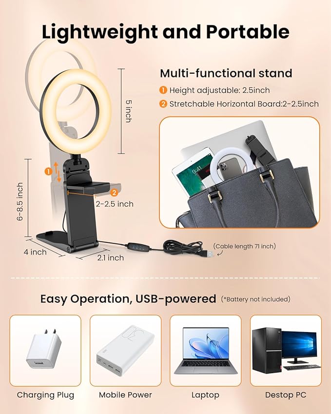 Evershop Ring Light for Laptop Desk Clip On,Small Computer Video Conference Lighting with Stand for Phone/Webcam/Monitor,5" Portable Mini LED Selfie Light Desktop for Zoom Meeting/Video Call/Recording