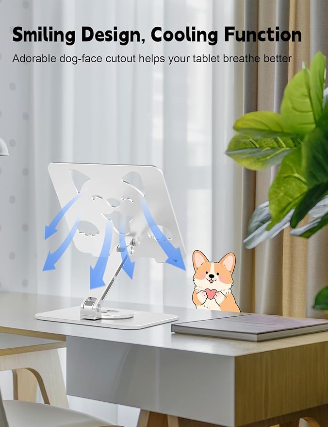 Aoviho Adjustable Tablet Stand for iPad - 360° Rotating Aluminum Desk Holder, Foldable Stable Stand for iPad Pro 12.9/11, Samsung Galaxy Tab, Home Office & Travel, Silver