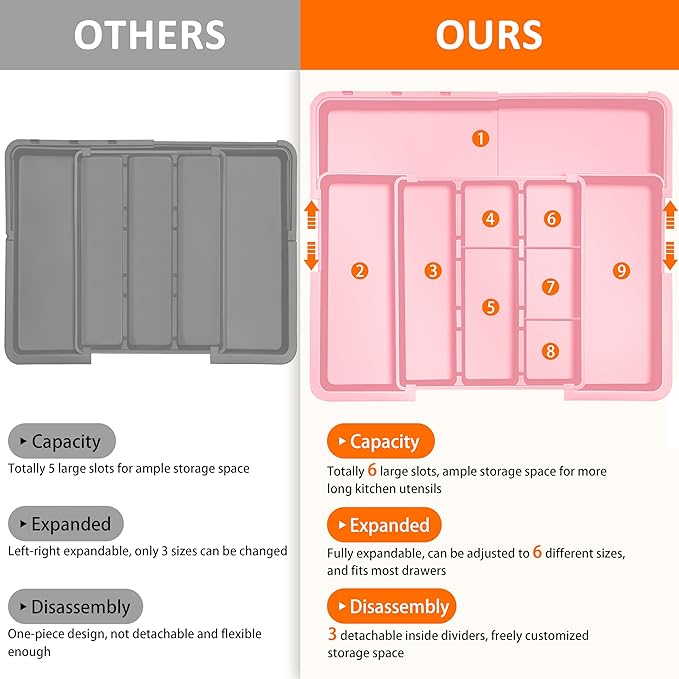 Spaclear Large Utensil Drawer Organizer Expandable Silverware Organizer for Kitchen Drawer Adjustable Cooking Utensil Holder Cutlery Flatware Tray Spatula Tools Gadgets Storage Dividers Plastic Pink