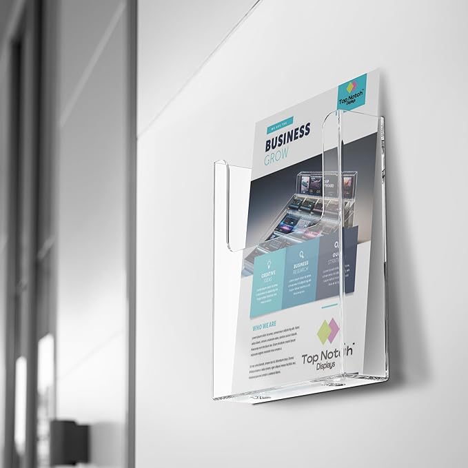 Top Notch Displays Acrylic Brochure Holder for Wall Mounting, Clear Display for 8.5" x 11" Flyers, Literature Holder for Magazines, Pamphlets, Menus, Includes Screws & Plastic Anchors – Pack of 4