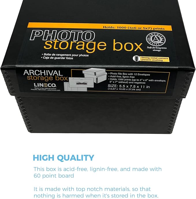 Lineco 4x6 Photo Storage Box, with 12 Acid-Free Envelopes, Holds Up to 1000 3.5" x 5", or 4" x 6" Photos, Metal Edge Archival Storage Box for Photos Stickers Stamps Seeds, 5.5x7.5x11. Black