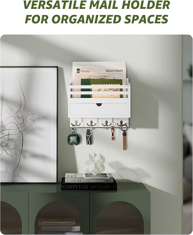 Rebee Vision Decorative Mail Organizer Wall Mount - Modern Key and Mail Holder for Wall with Drawer Organizer and 7 Key Hooks - Wall Decor Living Room for Apartment Essentials (White)