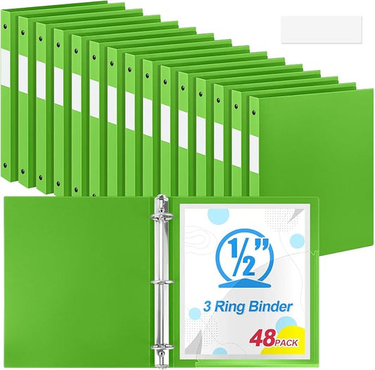 Henoyso 48 Pcs 3 Ring Binder 0.5 Inch Round Fits Letter Size 8.5'' x 11'' Paper Plastic Flexible Binder Bulk Holds 140 Sheets with 1 Pockets Versatile Organizer for Home Office School (Tender Green)