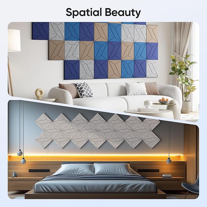 UNECHO 12 Pack 12" X 12" X 0.4" Acoustic Panels for Wall Sound Absorbing, P-Stripes Square Self-Adhesive Sound Panels, High Density Suitable for Multiple Scenarios(Silver Gray)