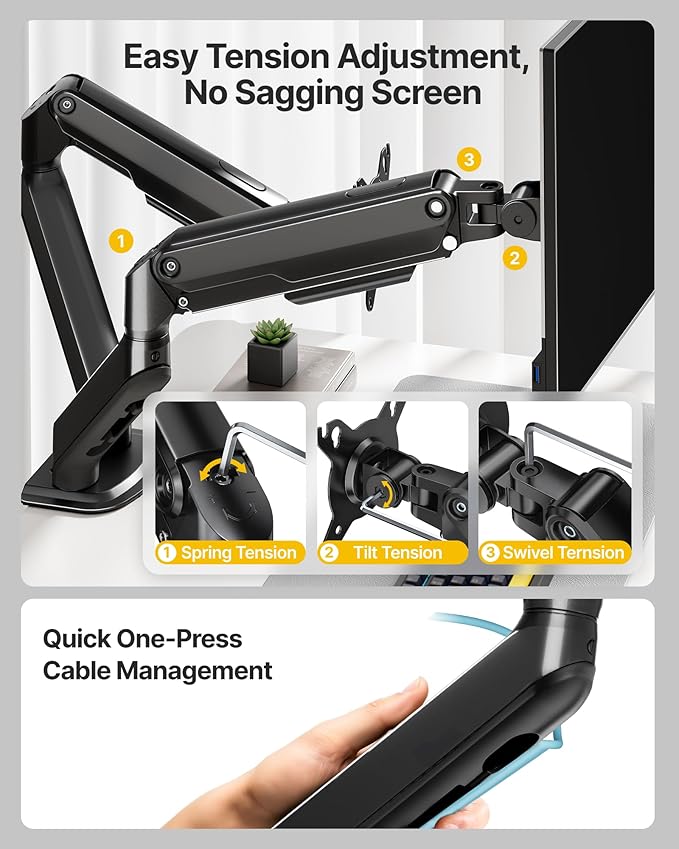 monTEK Dual Monitor Stand for Desk, 17-32 Inch Mechanical Spring Dual Arm, Heavy Duty Steel Adjustable Monitor Mount, Full Motion VESA 75x75/100x100, C-Clamp & Grommet, Holds Up to 20 lbs Each
