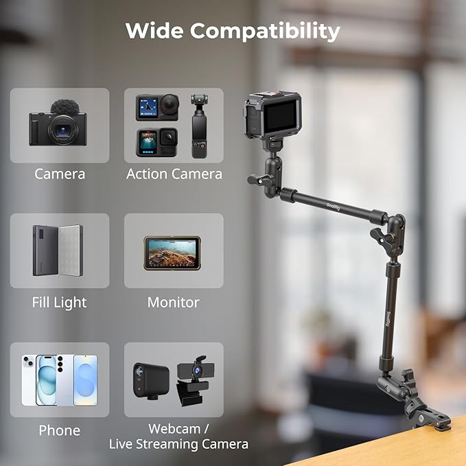 SMALLRIG 22" Magic Arm Clamp, Overhead Phone Mount Holder Stand, Flexible Desk Camera Mount, Articulating Friction Boom Arm, for POV Shot, Filming, Light, Webcam, Action Camera