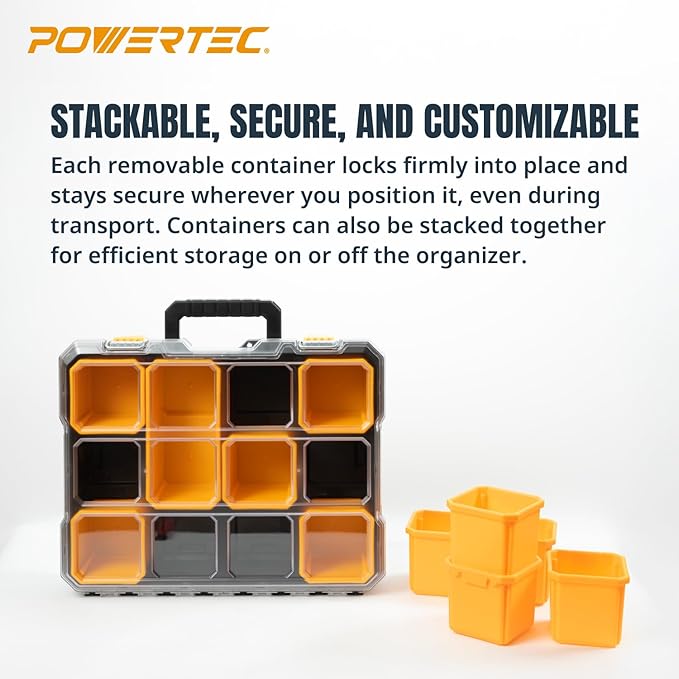 POWERTEC Small Parts Organizer & Tool Box – 10 Compartments, IP65 Water & Dust Protection, Stackable Storage with Interlocking Latch, Removable Tray, Clear Lid, Portable Design (72365)