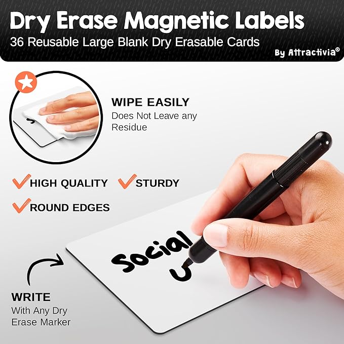 Attractivia Dry Erase Magnetic Labels 5.6 x 3.7 in, Dry Erase Magnets, 36-Pack, White Erasable Write-On All-Purpose Labels, for Office, Education, Home, Whiteboard