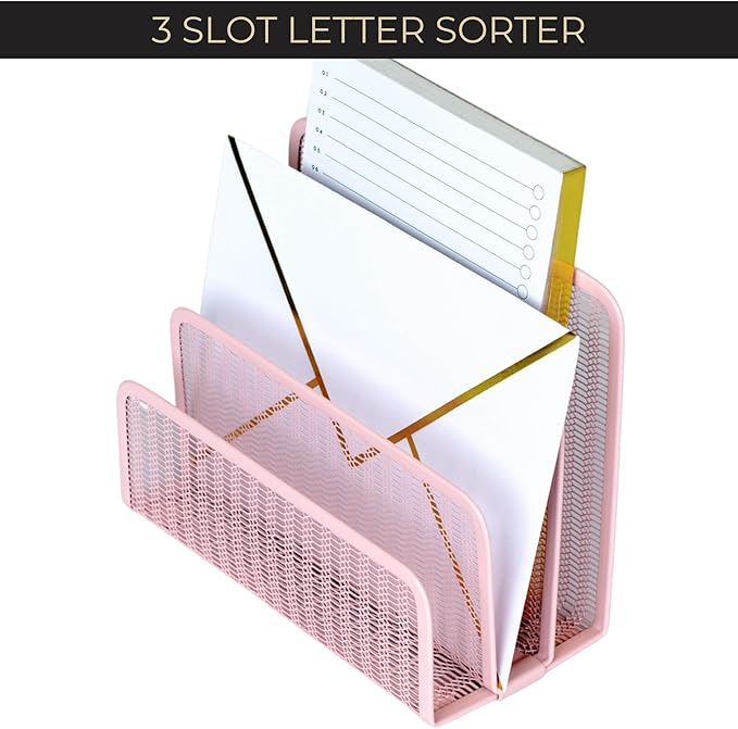 BLU MONACO | Pink Metal Mesh Letter Sorter with 3 Slots | Vertical Mail Organizer for Desk, Office & Home | Stylish Mail Holder for Envelopes, Documents & Files