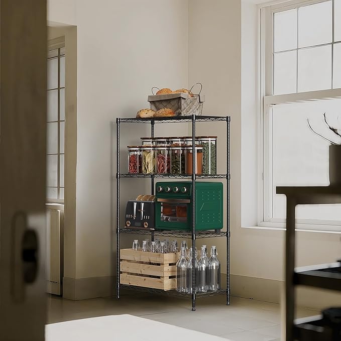 M MZG 1000 lbs 4Tier Shelf Metal Storage Shelves Wire Rack Closet Organizers with Wheel for Garage Kitchen Bathroom Laundry Black 13.7" D x 23.6" W x 53.4" H