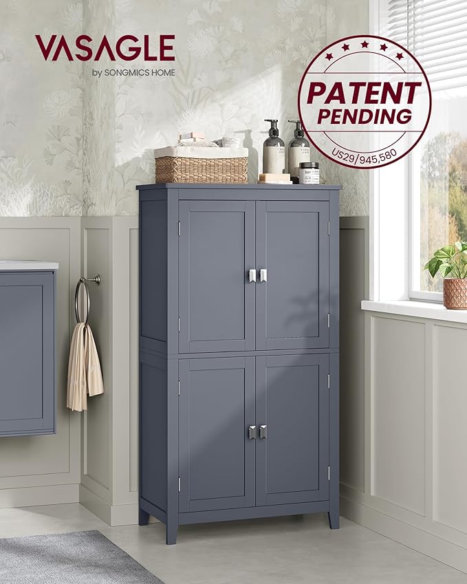 VASAGLE Floor Storage Cabinet, Freestanding Storage Unit with 4 Doors, Adjustable Shelves, 11.8 x 23.6 x 43.3 Inches, for Entryway, Bathroom, Slate Gray UBBC552G01