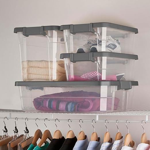 Sterilite 18-Pack Modular Stacker Box, Durable Clear Plastic Storage Bins with Latching Lids, 30 Quart - Stackable Organizing Container Boxes for Closet, Bathroom, and Office
