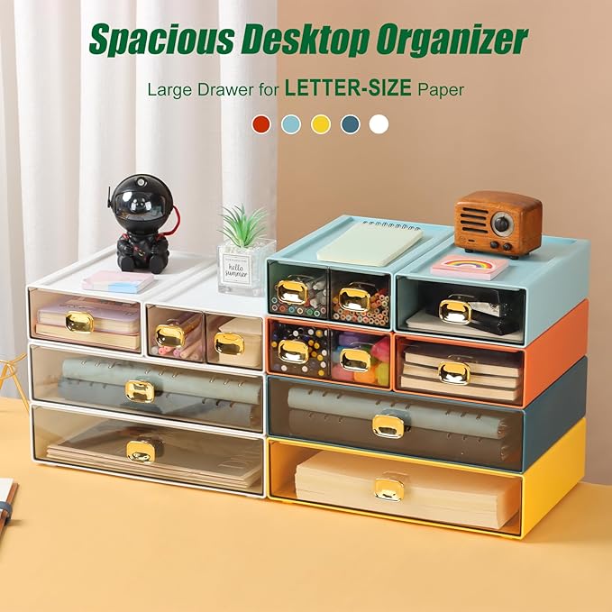 OSteed Spacious Desktop Storage Box, 1 Large Storage Drawer, Stackable Office Desk Drawer Organizer and Accessories, Printer Paper Organizer, White Plastic Drawers for Workspace & Home