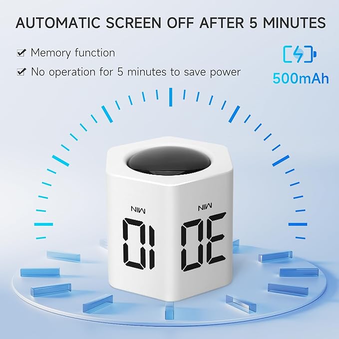 Exlliy Productivity Timer 1, 5, 10, 30, 60 Minutes Preset, Desk Cube Timer with Gravity Sensor/Mute/Vibration for ADHD, Work, Study, Kitchen, Back to School (1, White)