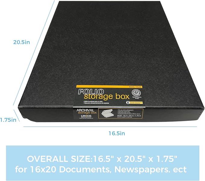 Lineco Clamshell Folio Storage Box, 16.5" x 20.5" x 1.75" Prints, Metal Edge Archival Boxboard, Color: Black
