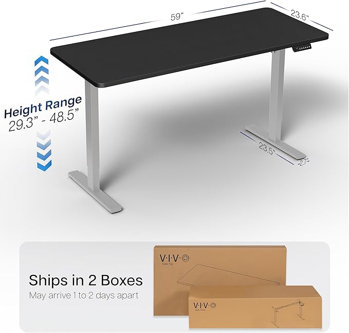VIVO Electric 60 x 24 in Standing Desk, Memory Height Adjustment, 1B Series, Holds 220 lbs, One-Piece Black Top, Gray Frame, DESK-KIT-1G6B