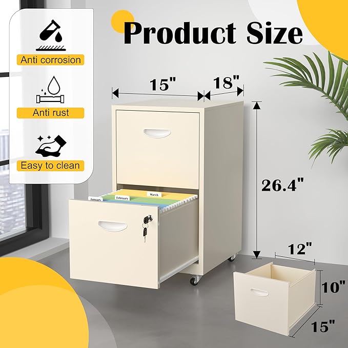 SteeLoong 2 Drawer File Cabinet with Lock，Cream Rolling File Cabinet for Home Office, Metal Small Mobile Filing Cabinets on Wheels for Hanging Letter