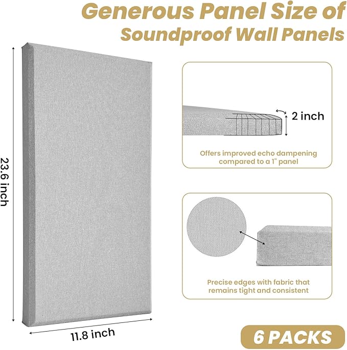 6 PCS Acoustic Panels, Large Soundproof Wall Panels, Professional Fiberglass Sound Absorbing Panels, 23.6x11.8 Inches Sound Proof Foam Panels for Walls, Studio Home Offices(Grey)