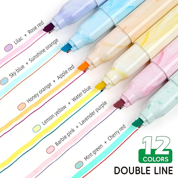 Techjob Aesthetic Highlighters 12 Pack Dual Tips,Double Line Highlighters Assorted Colors, Home and Office Use, Teacher Supplies, Ideal Highlighter for Organizing and Coloring