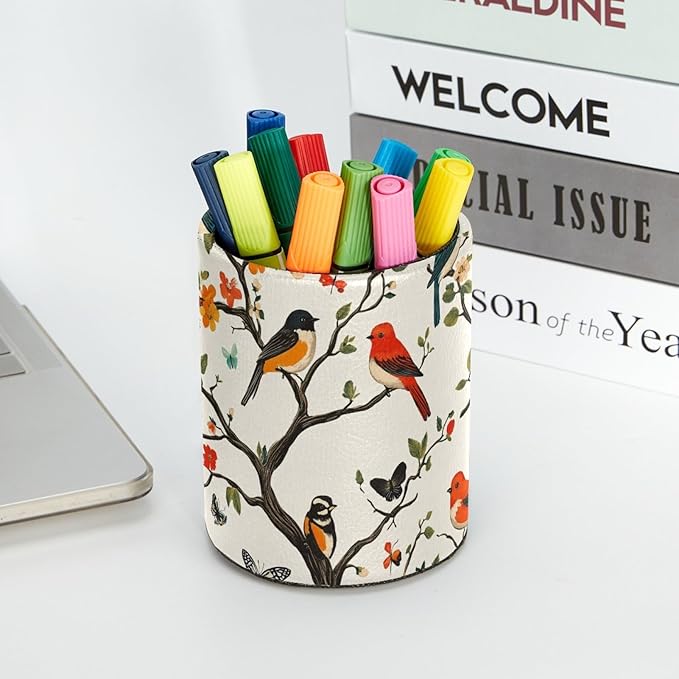 Leather Pen Holder for Desk, Colored Birds Flowers Trees Pencil Cup Desktop Organizer Makeup Brush Holders Office Supplies for Home, Kids & School