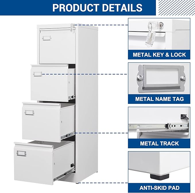 Fesbos File Cabinets - 4 Drawers Vertical 17.8" Deep Lockable Filing Cabinet - White Metal Storage Cabinets for Home Office to Hanging Files Letter/Legal/F4/A4 Size
