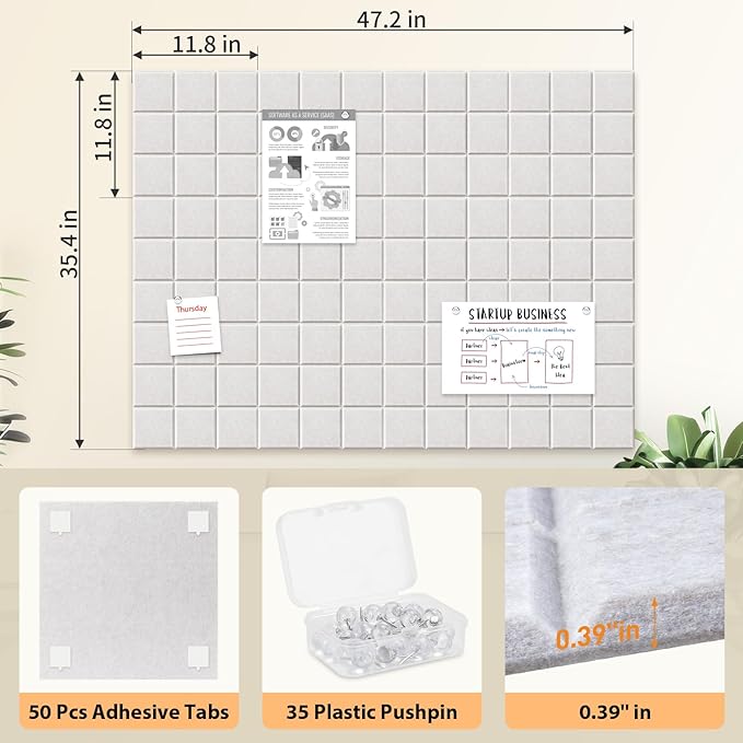 Smarpau Cork Board 48"X36", 12 Pack Nine-Grid Felt Bulletin Boards, Small Pin Board with Removable Adhesive Tabs Pushpins, Cork Wall Tiles for Office Home Classroom Decor -Light Camel