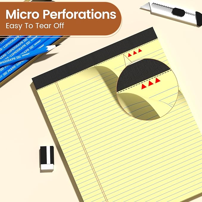 Legal Pads 8.5 X11, Narrow Ruled Notepads, 12 Pack, 50 Sheet/Pad, Yellow Legal Pads, Tear Off Notepad, Perforated Writing Pad, Notebook Paper College Ruled, Notepads for Office Home School, Notepad