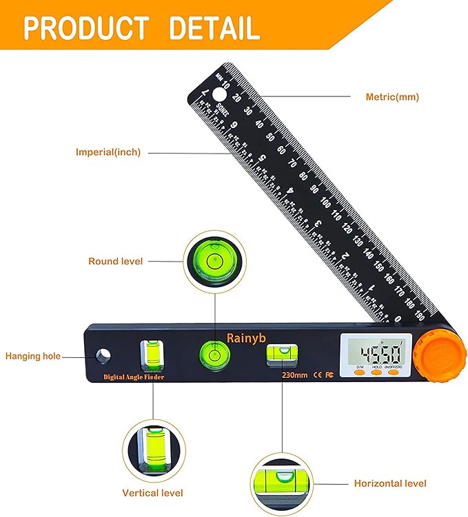 Rainyb Digital Angle Finder Tool 7inch 0-360 degree LED Digital Protractor with Horizontal Vertical Bubble Levels and Ruler Meter Accurate Tools for Carpenters,Woodworkers,Fabricators