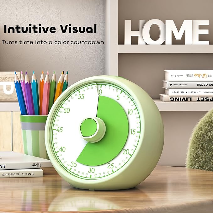Visual Timer for Kids 60-Minute Countdown Timer with Optional Alarm, Focus Tool for ADHD & Autism, Time Management for Homework, Chores, Office, Kitchen, Teaching & Study Routines (Light Green)