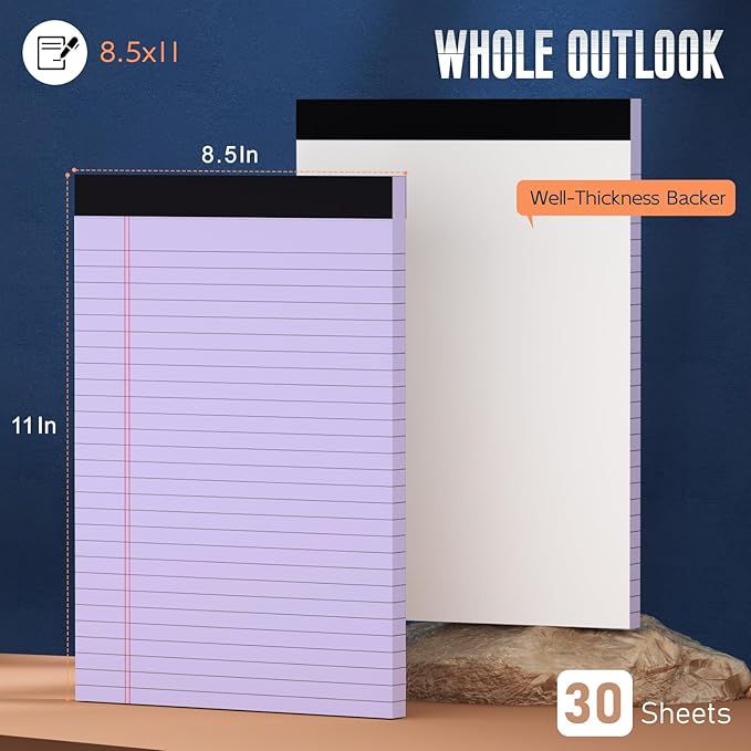 Purple Legal Pad 8.5 x 11 Wide Ruled Note Pads, 3 Pack Notepads 8.5 x 11 Lined Paper Wide Ruled Writing Pad, 30 Sheets Per Note Pad, Micro Perforated Colored Legal Pads 8.5 x 11 for Work/School/Office