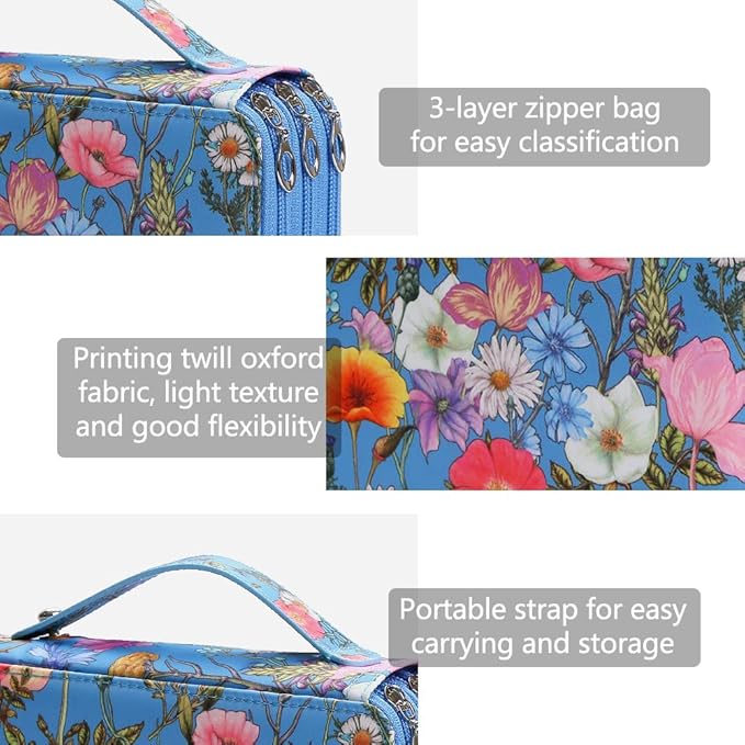 Vomgomfom Colored Pencil Case - 124 Slot Pencil Holder with Zipper Closure, Twill Fabric Large Capacity Pencil Case for Watercolor Pens or Markers, Artist Organizer (Blue Flower)