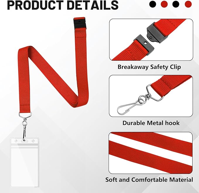 12 Pack Red Breakaway Lanyards with Waterproof Badge Holders, Polyester Neck Straps for ID Cards, Events, Office, and Schools