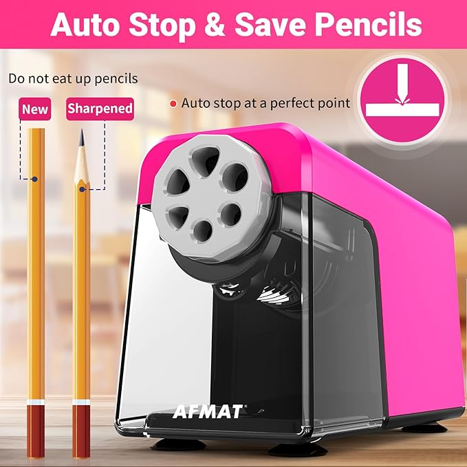 AFMAT 6-Hole Electric Pencil Sharpener Heavy Duty, Pencil Sharpener for Classroom, Cordless &Rechargeable, Colored Pencil Sharpeners for 6-11mm Pencils, Auto Stop, Super Fast, 10,000+ Sharpenings PSD1