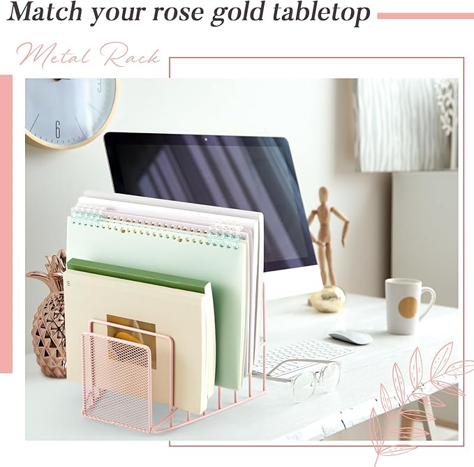 2 Pcs 7 Section Incline File Sorter Metal Wire Mesh File Rack for Desktop Letter Sorter for Magazine Folder Book Organizer Home Office School Paper Mail Desk Storage Holder (Pink)