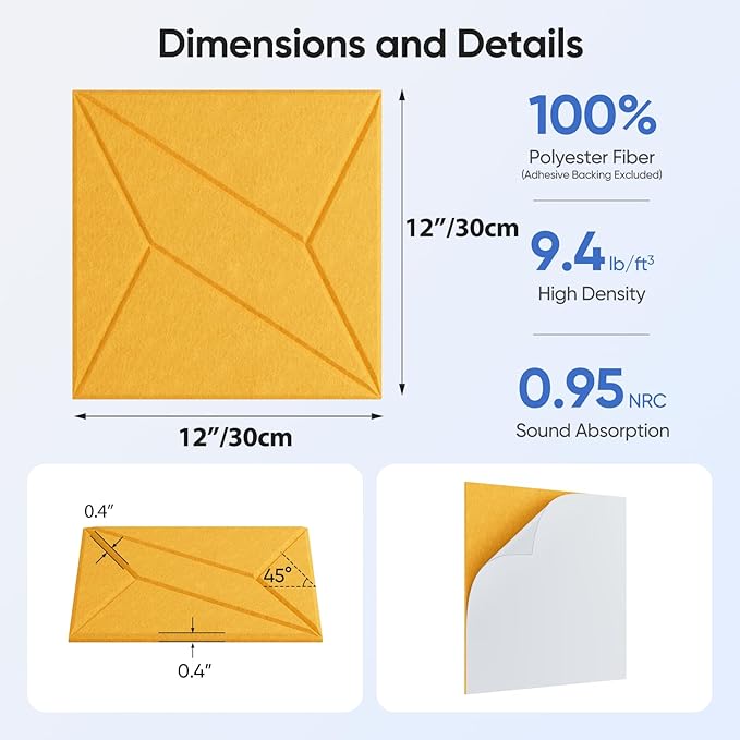 UNECHO 12 Pack 12" X 12" X 0.4" Acoustic Panels for Wall Sound Absorbing, P-Stripes Square Self-Adhesive Sound Panels, High Density Suitable for Multiple Scenarios(Orange)