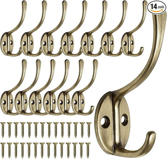 Homanu 14 Pack Coat Hooks Wall Mounted with 28 Screws, Heavy Duty Antique Brass Towel Hooks Metal Double Hooks, No Rust Retro Rustic Wall Hooks for Hanging Towel, Coat, Scarf, Bag, Hat, Cup, Key