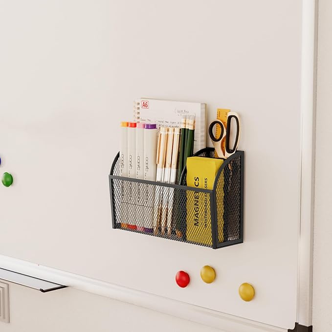 UVGVA Magnetic Pencil Holder Markers Dry Erase Holder for Whiteboard 3-Grid Locker Organizer for Fridge, Home, School and Office