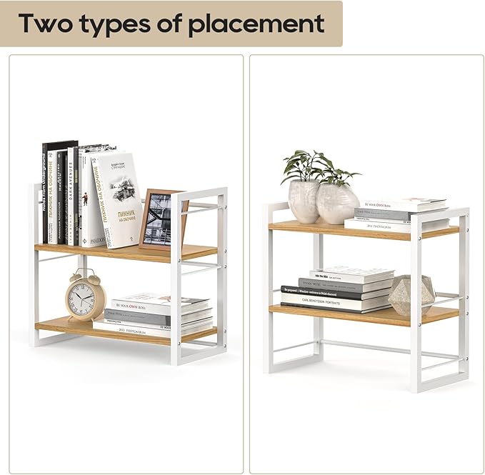ART-GIFTREE Office Desk Shelf Organizer, Wood Desktop Bookshelf Supplies Storage Rack, Shelf for Top of Desk and Dresser (White-2 Tier)