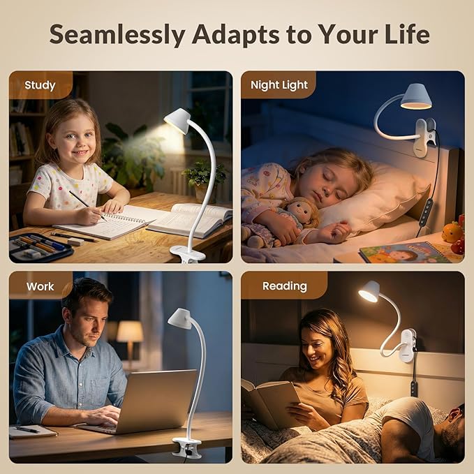 LEPOWER Clip on Light, Reading Lights for Books in Bed with 5 Colors & Stepless Dimming, RG0 Eye-Care, Auto Timer & Night Light, Strong Clamp for Headboard, Bedside, Desk, White
