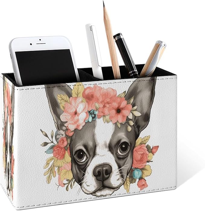 Famame Flowers on Bulldog Head Pencil Holder for Desk, Leather Desktop Container Pen Cup Storage Study Table Pen Organizer Makeup Brush Holder for Classroom Office Home