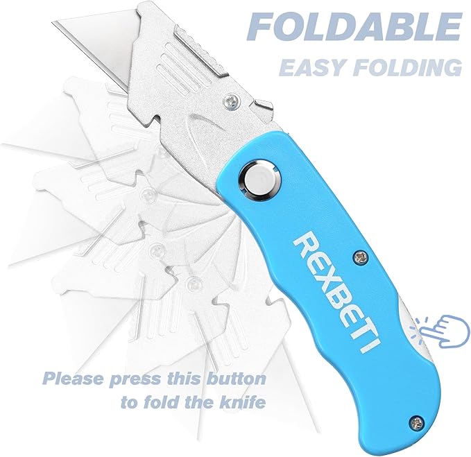 REXBETI Folding Pocket Utility Knife Quick-change SK5 Box Cutter for Cartons, Cardboard and Boxes, Back-lock Mechanism with 10 Extra Blades (12 folding utility knife)
